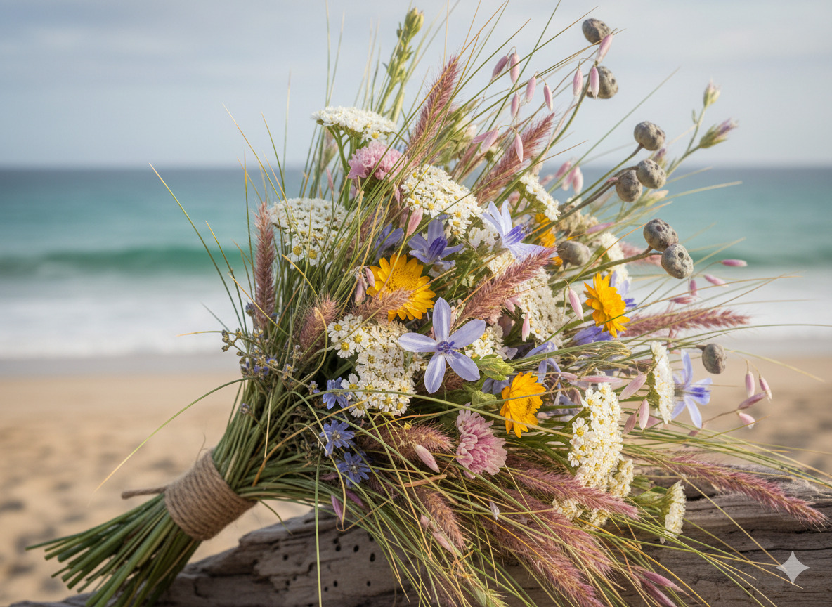 Coastal native bouquet with grasses and seasonal blooms