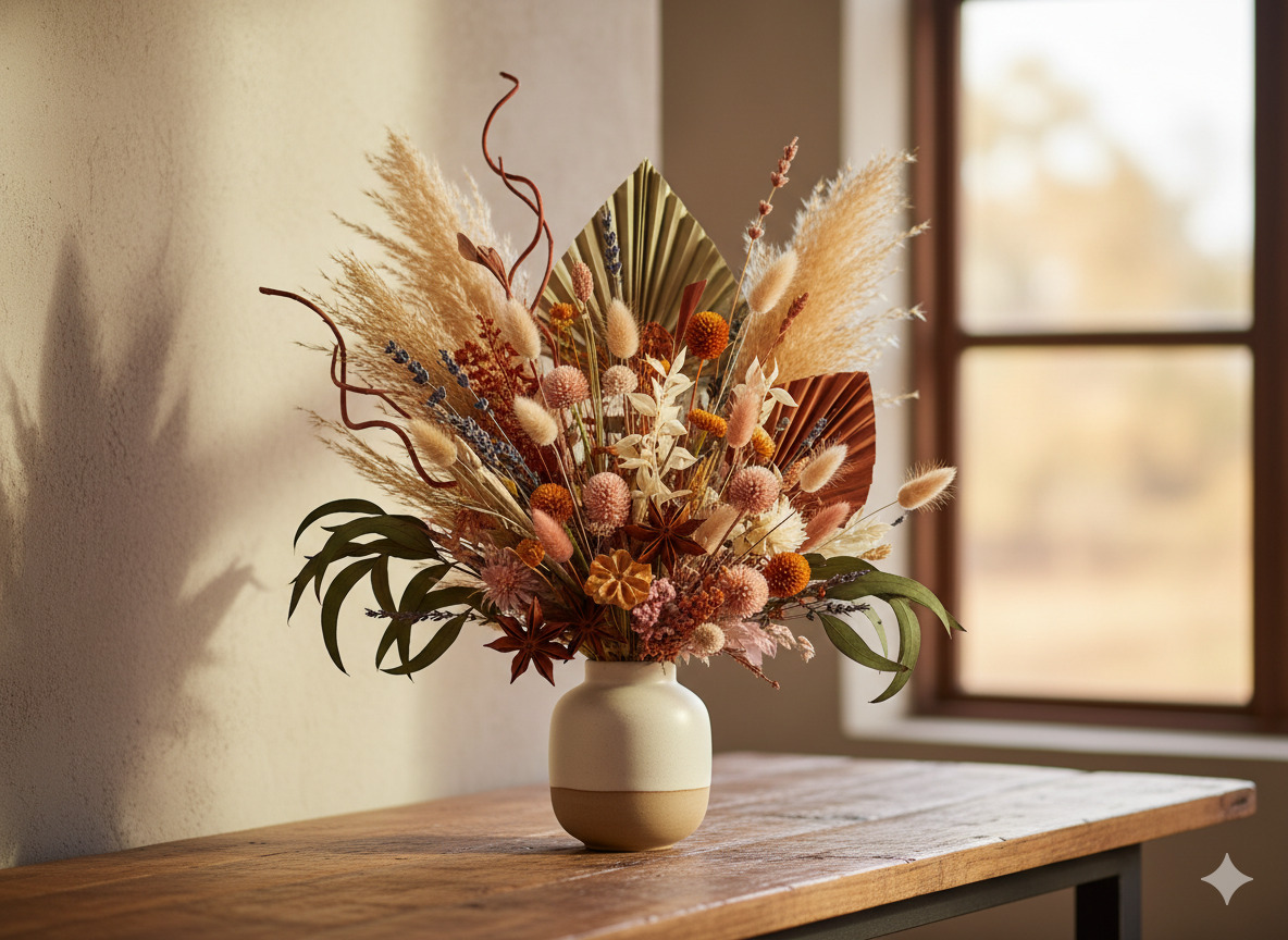 Dried and preserved botanical arrangement